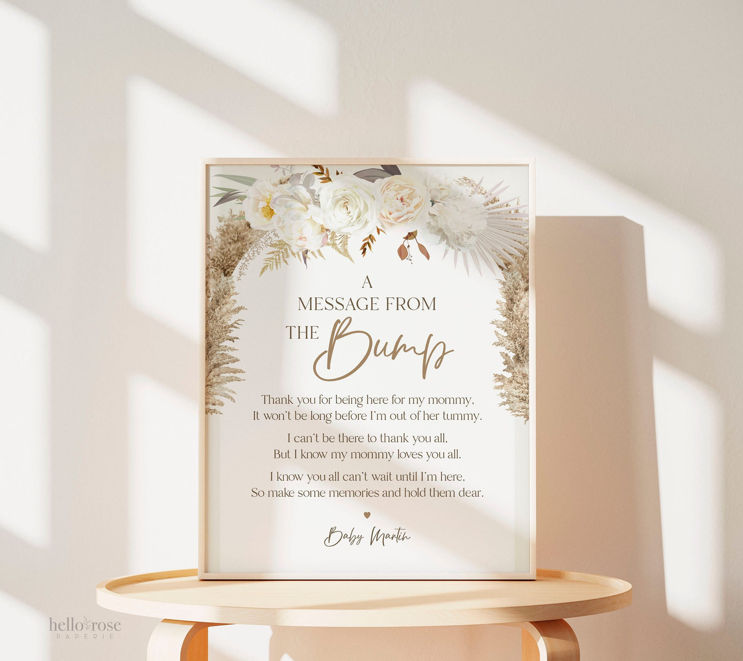 A Message From the Bump PRINTABLE Personalized Sign . Gender Neutral Girl or Boy Baby Shower . White Pampas Grass Floral . DIGITAL DOWNLOAD