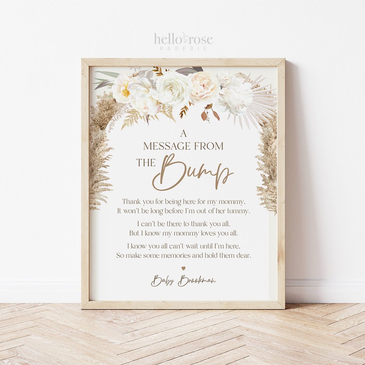 A Message From the Bump PRINTABLE Personalized Sign . Gender Neutral Girl or Boy Baby Shower . White Pampas Grass Floral . DIGITAL DOWNLOAD