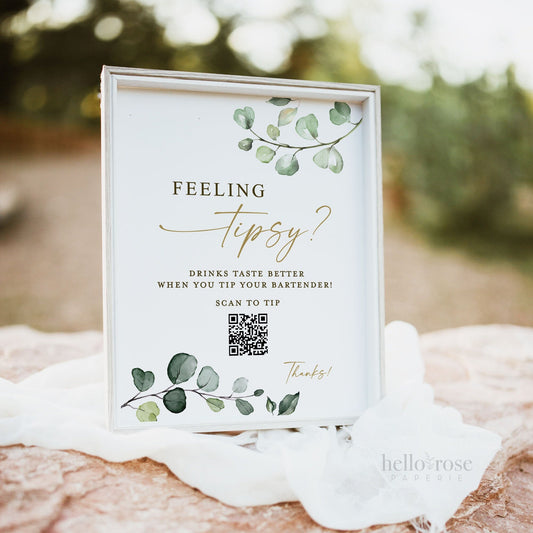 Feeling Tipsy Wedding Bar Sign with QR Code . Tip Your Bartender . Venmo Scan to Pay Sign . Greenery and Gold . Printable Download . G2