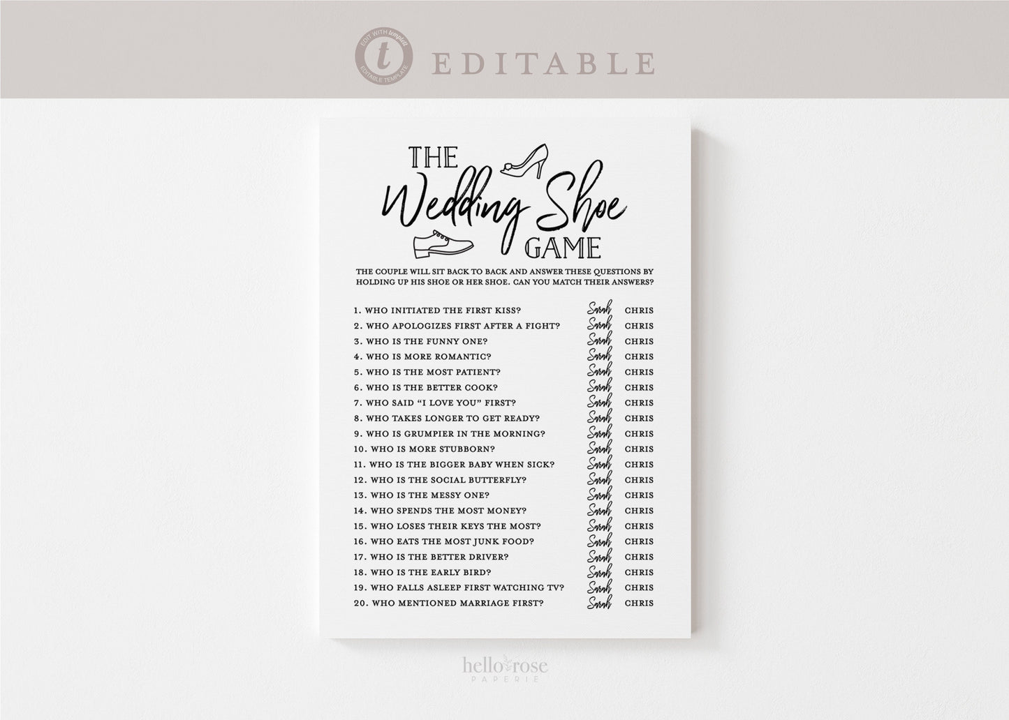 The Wedding Shoe Game . Wedding Bridal Shower Engagement Party Rehearsal Dinner . Kraft . PRINTABLE Editable Template Download Templett
