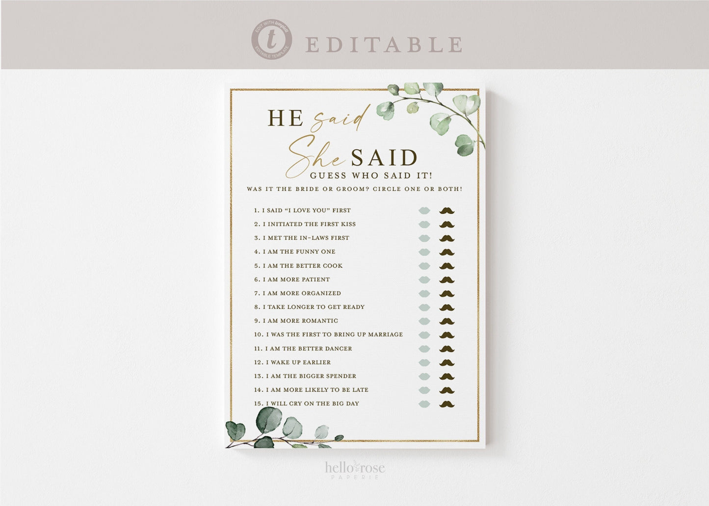 He Said She Said Who Said It Bridal Shower Bachelorette Game . Greenery + Gold . PRINTABLE Editable Template Instant Download Templett G2-T