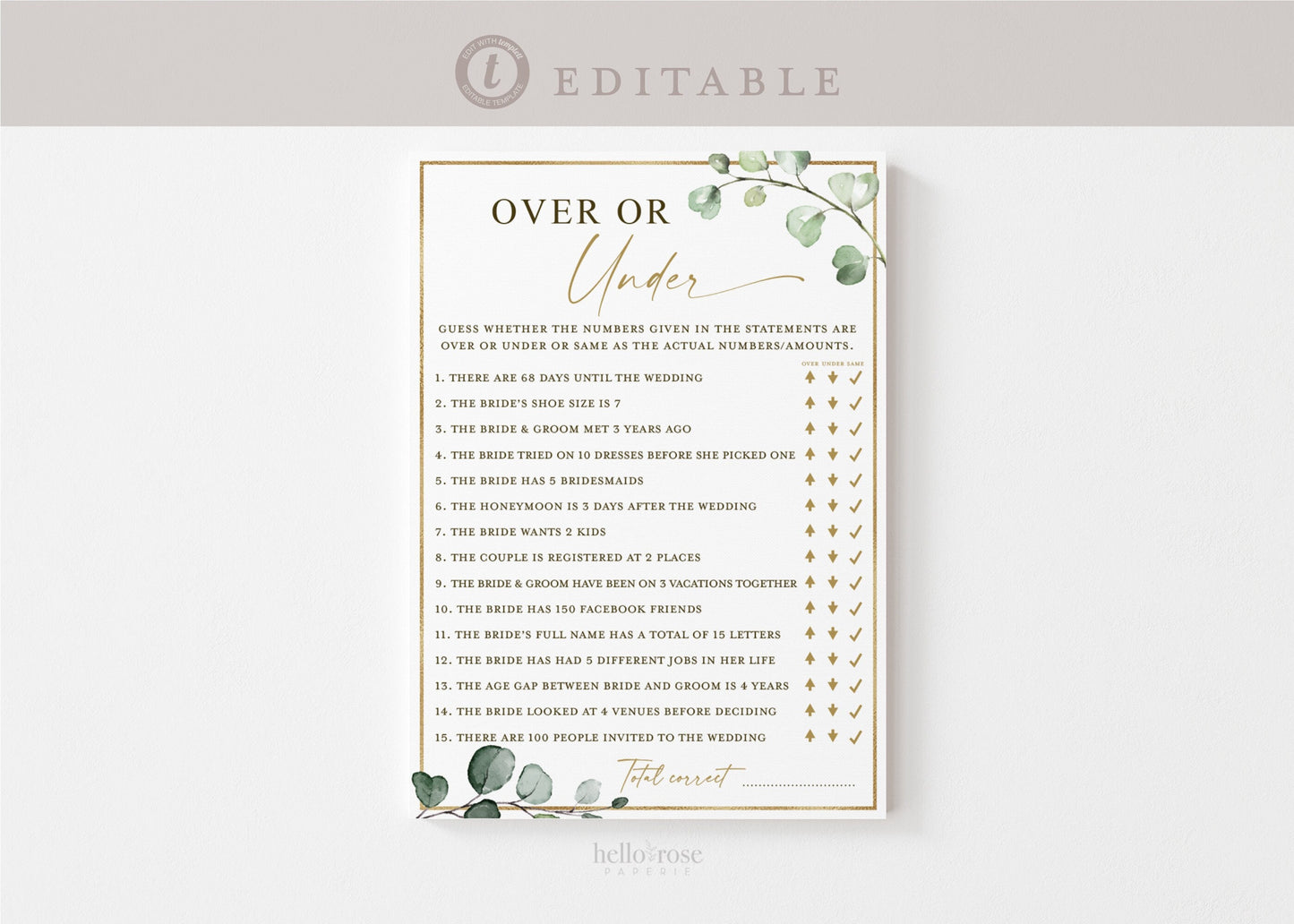 Over or Under Bridal Shower Hens Bachelorette Game . Greenery + Gold . PRINTABLE Editable Template Instant Download Templett G2-T