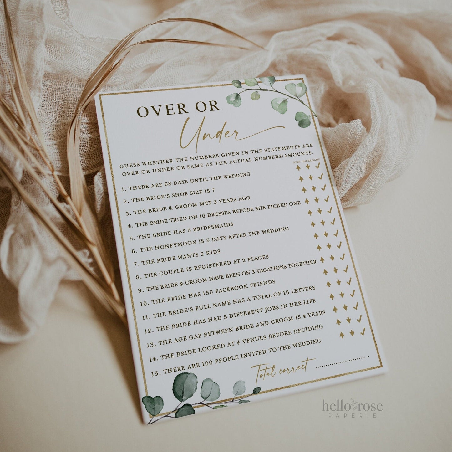 Over or Under Bridal Shower Hens Bachelorette Game . Greenery + Gold . PRINTABLE Editable Template Instant Download Templett G2-T