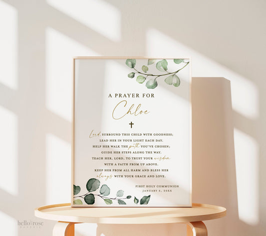 A Prayer for Child Baptism PRINTABLE Personalized . Dedication Christening First Communion Religious Christian . Greenery . DIGITAL DOWNLOAD