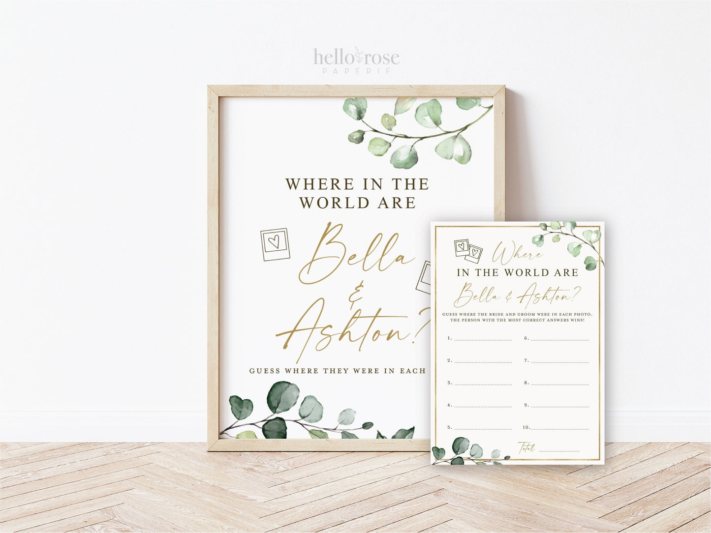 Personalized Where in the World Were They Game Cards + Sign Printable . Greenery + Gold . Bridal Shower Bachelorette . Digital Download G2