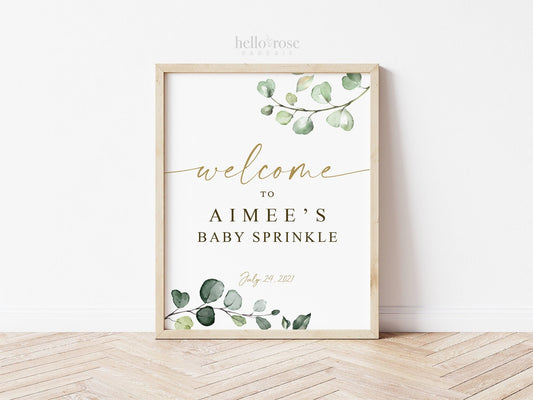 Welcome Sign Baby Sprinkle Personalized . Greenery Eucalyptus . PRINTABLE Poster . PDF Download G2