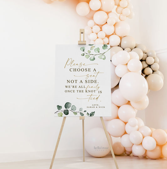 Choose a Seat Not a Side PRINTABLE Sign . Personalized Wedding Boho Poster . We're All Family . Greenery and Gold . Digital Download G2