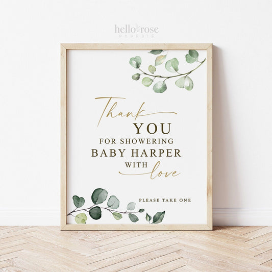 Thank You for Showering Baby with Love . Personalized PRINTABLE Baby Shower Sprinkle Sign Poster . Greenery and Gold . Digital Download G2