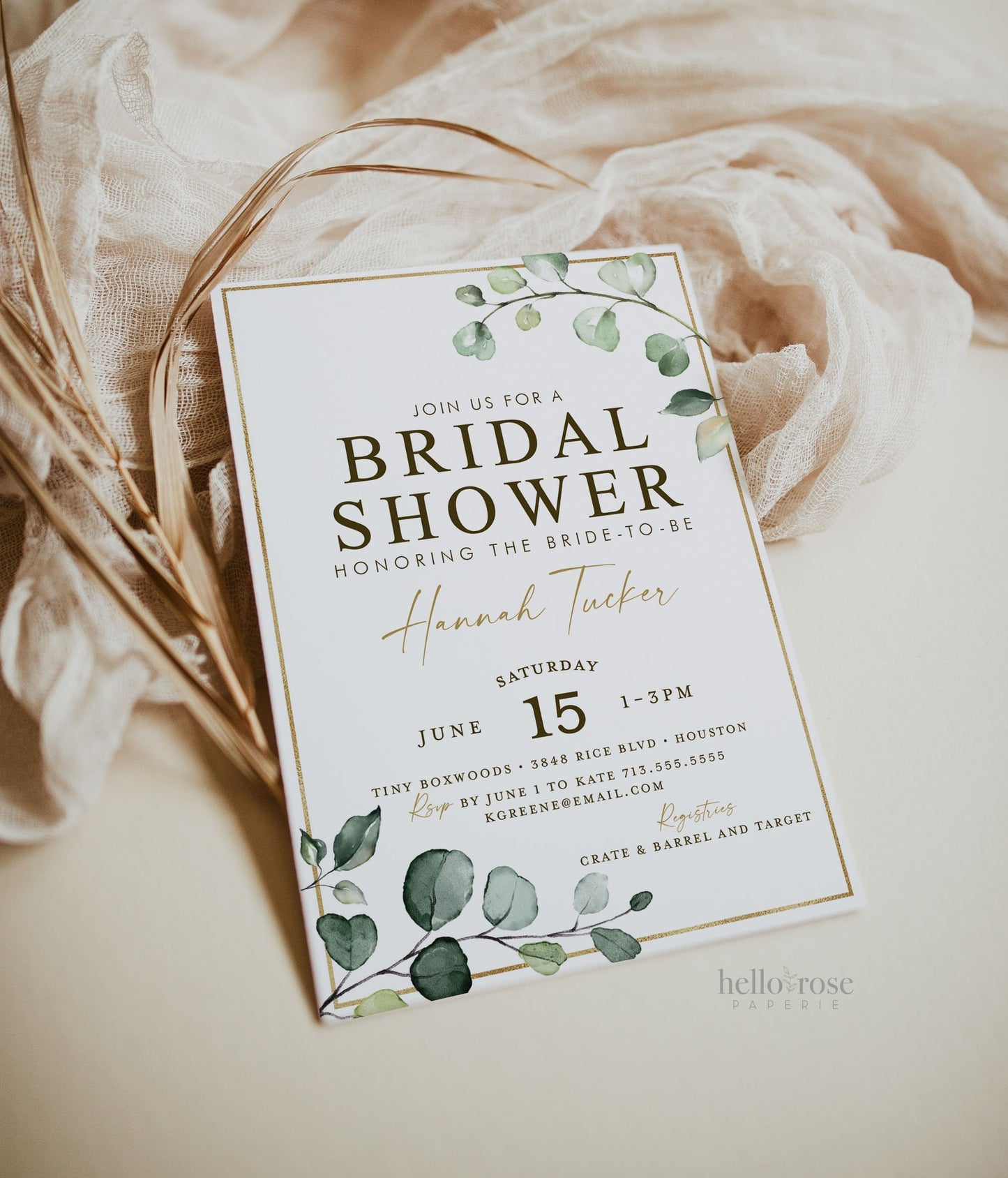 Bridal Shower Printable Invitation . Greenery and Gold . Rustic Boho Eucalyptus . Bachelorette Hens Party . Digital Download PDF . G2