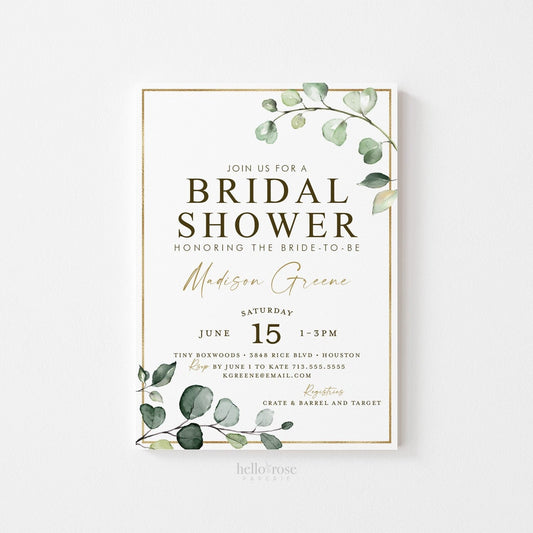 Bridal Shower Printable Invitation . Greenery and Gold . Rustic Boho Eucalyptus . Bachelorette Hens Party . Digital Download PDF . G2