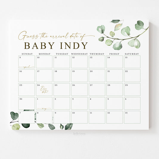 Baby Due Date Calendar Printable Game . Guess the Arrival / Baby's Due Date Custom Baby Shower Game . Greenery Eucalyptus . PDF Download G2