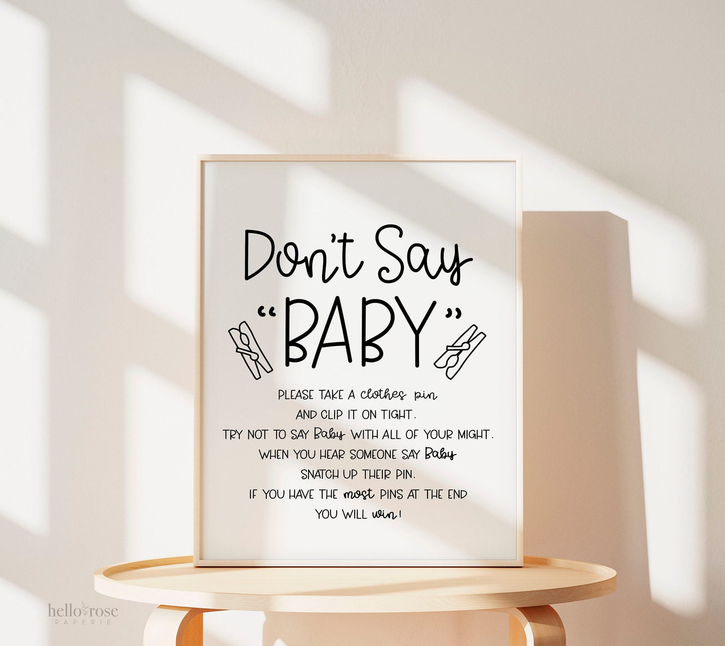 Don't Say Baby Clothespin Baby Shower Game Sign . Boy Girl Neutral . Kraft + Minimalist Black and White . Printable Instant Download . K4