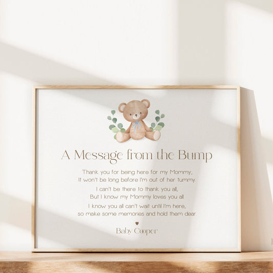 A Message From the Bump PRINTABLE Teddy Bear Blue . Baby Shower Bump Sign . Message From Baby Boy . Can Bearly Wait . DIGITAL DOWNLOAD
