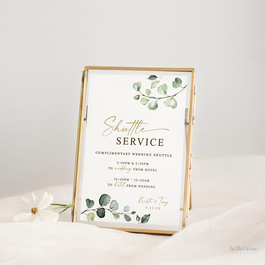 Shuttle Service Wedding Sign . Complimentary Transportation . Greenery and Gold . Personalized Printable Digital Download PDF . G2