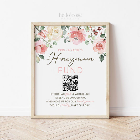 Honeymoon Fund QR Code Wedding Sign . PRINTABLE Venmo Zelle Wedding Honeymoon Cash Gift Sign . Pink Floral . Personalized Digital Download