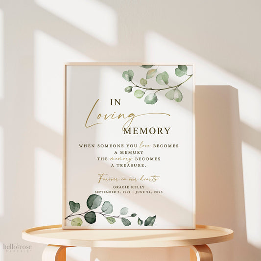 In Loving Memory Personalized Sign . Memorial Wedding Photo Table Sign . Greenery Gold . Printable Poster . PDF Printable Download G2
