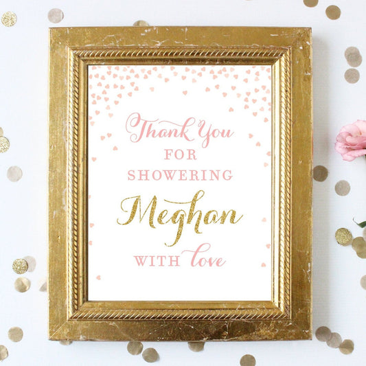 Thank You for Showering the Bride with Love . Personalized Bridal Shower Welcome Favors Sign . Pink and Gold . Printable Download