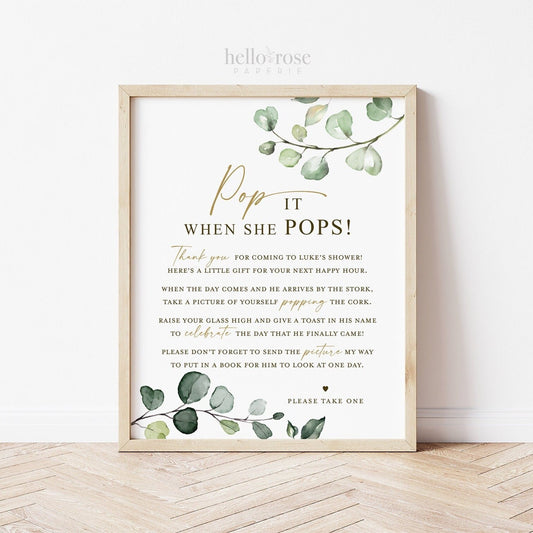Pop it When She Pops PRINTABLE Personalized Picture Poem . Baby Shower Champagne Favors Sign . Greenery and Gold . DIGITAL DOWNLOAD 8x10 G2