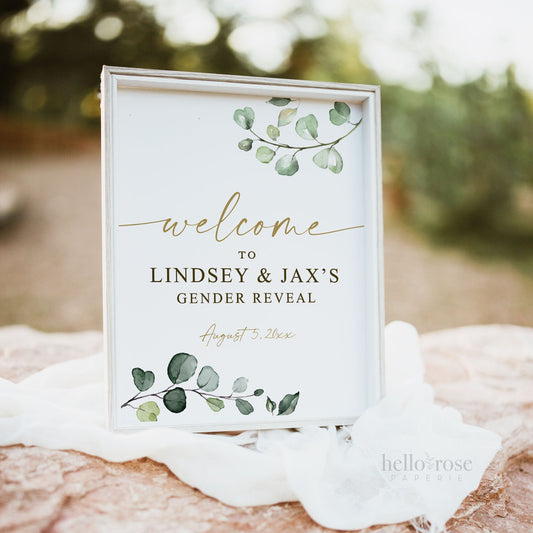 Gender Reveal Welcome Sign Printable Personalized . Greenery and Gold Eucalyptus . PRINTABLE Poster . PDF Digital Download G2