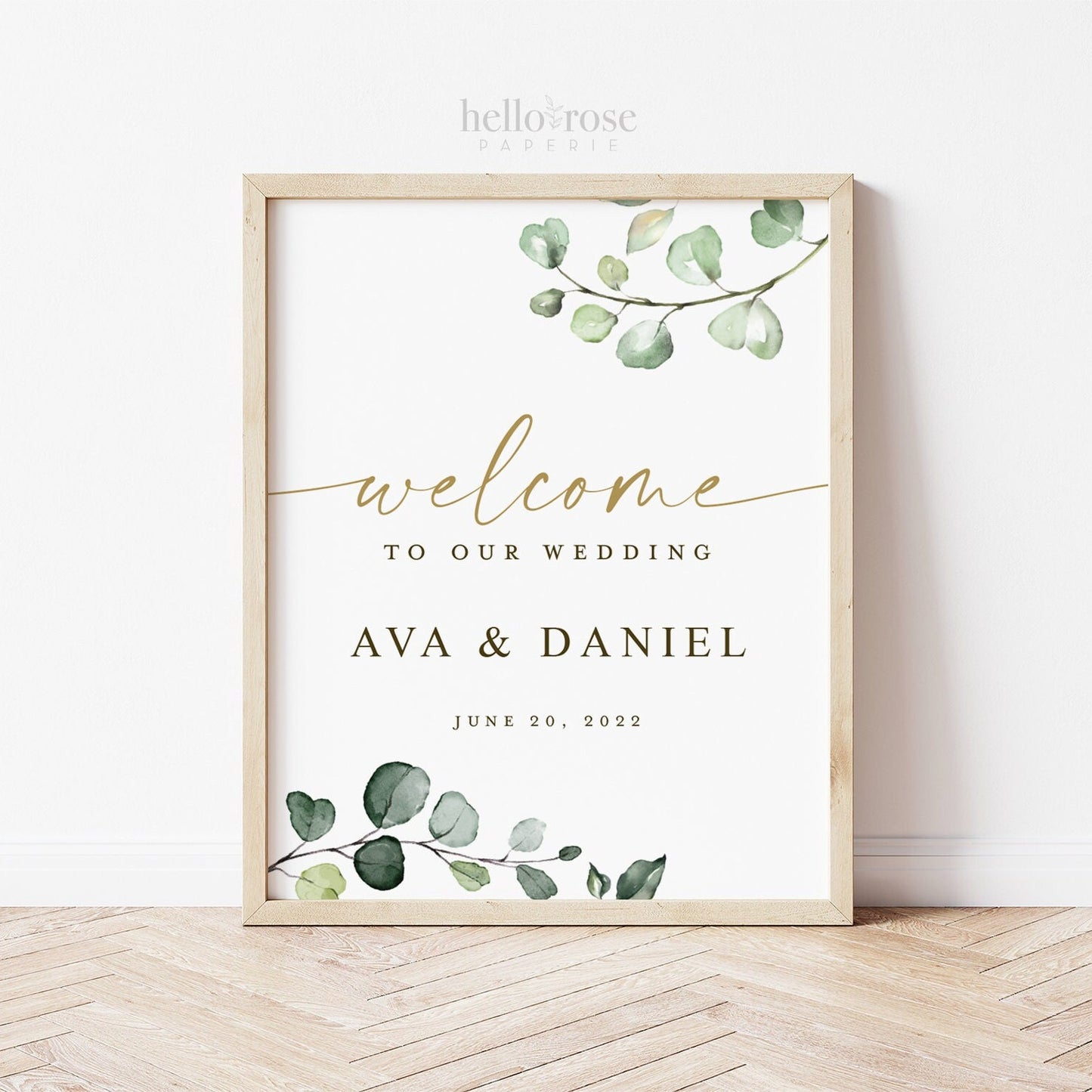 Wedding Welcome Sign . Personalized Welcome to Our Wedding Printable Poster Sign . Greenery and Gold Eucalyptus . Digital Download G2
