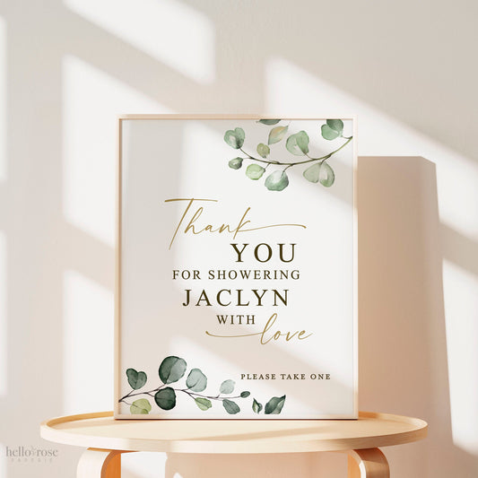 Personalized Thank You for Showering the Bride with Love Favors Sign . Baby Bridal Shower Wedding Party. Greenery and Gold . Printable G2