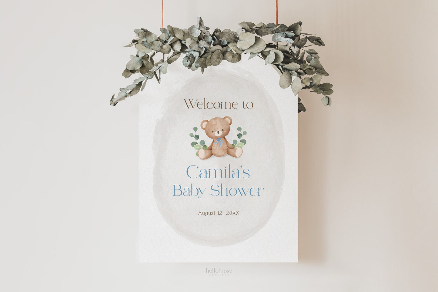 Teddy Bear Welcome Sign Poster . Printable Personalized Baby Shower Boy . Blue We Can Bearly Wait . Bear and Greenery . Digital Download