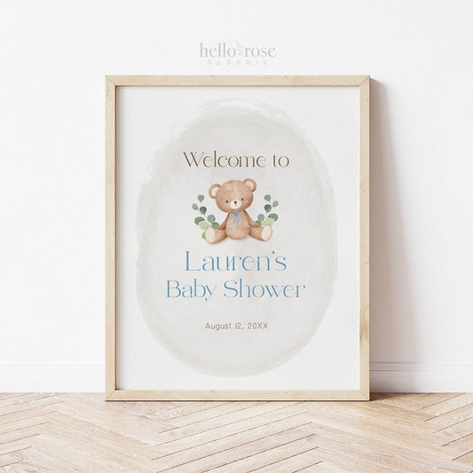 Teddy Bear Welcome Sign Poster . Printable Personalized Baby Shower Boy . Blue We Can Bearly Wait . Bear and Greenery . Digital Download