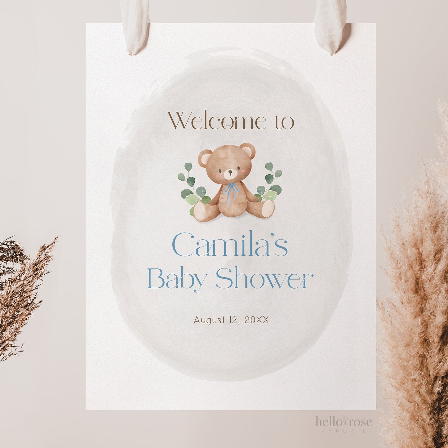 Teddy Bear Welcome Sign Poster . Printable Personalized Baby Shower Boy . Blue We Can Bearly Wait . Bear and Greenery . Digital Download
