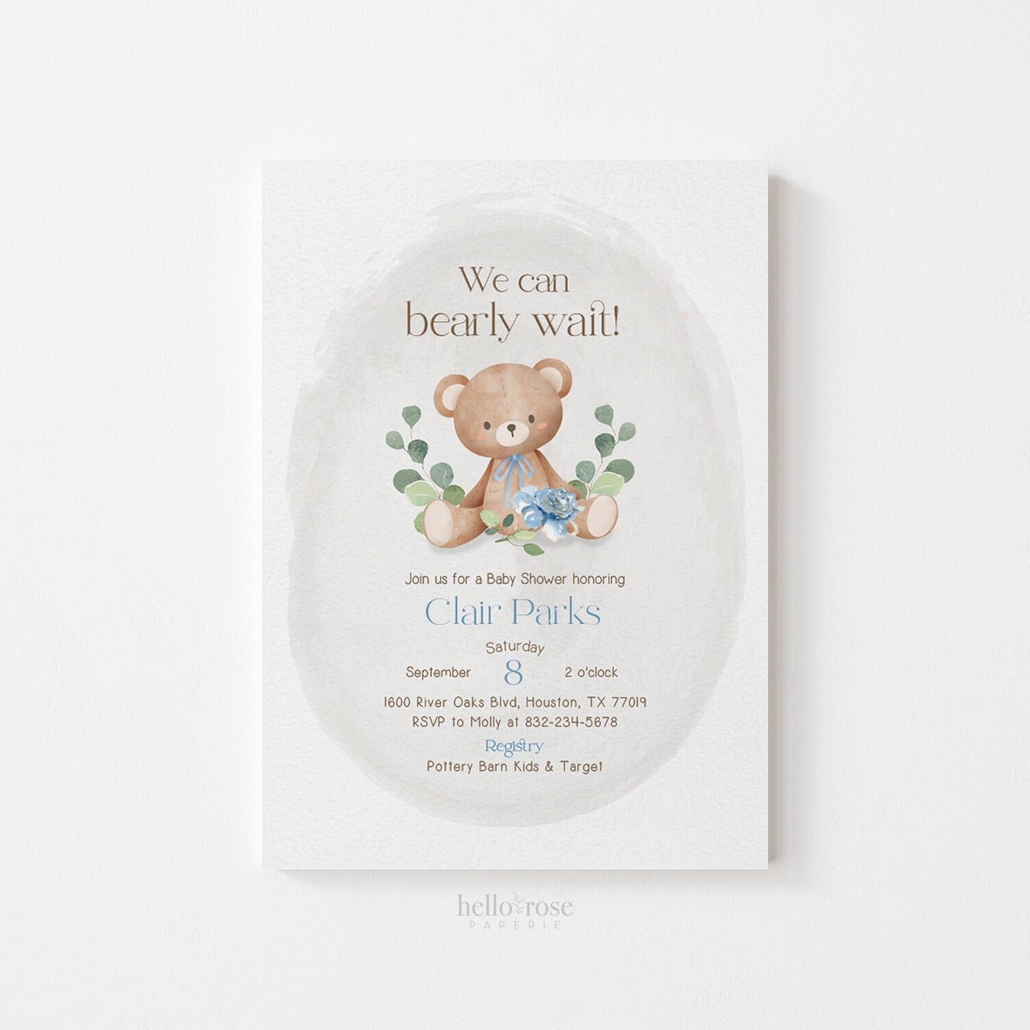 Teddy Bear Welcome Sign Poster . Printable Personalized Baby Shower Boy . Blue We Can Bearly Wait . Bear and Greenery . Digital Download