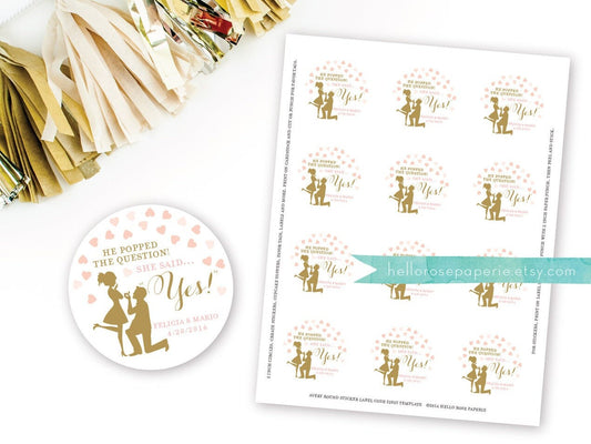 He Popped the Question Circle Tags 2" . She Said Yes . Pink and Gold Bridal Shower Engagement Stickers Favor Tags Cupcake Topper . Printable