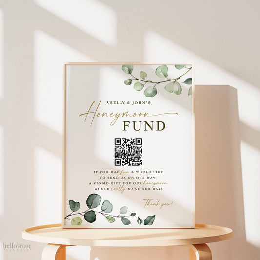 Honeymoon Fund QR Code Wedding Sign . Venmo Wedding Honeymoon Cash Gift Sign . Greenery and Gold . Personalized Printable Download . G2
