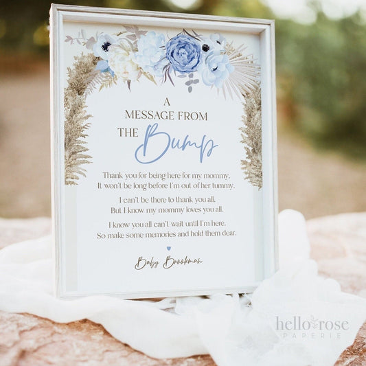 A Message From the Bump PRINTABLE Personalized Sign . Boy Baby Shower . Message From Baby . Blue Pampas Grass Floral . DIGITAL DOWNLOAD