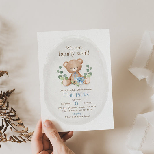 We Can Bearly Wait Baby Shower Printable Invitation . Teddy Bear Boy Baby Shower . Greenery and Floral Watercolor . Digital Download