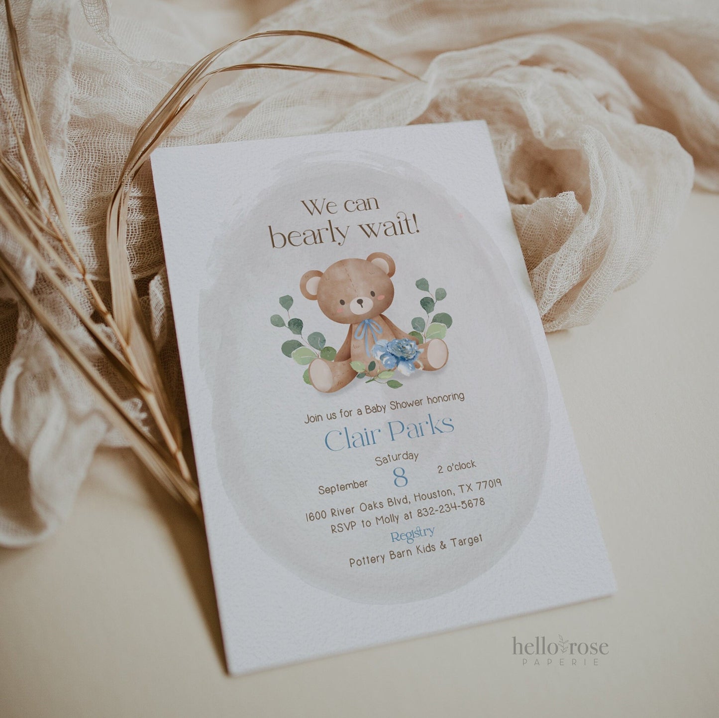 We Can Bearly Wait Baby Shower Printable Invitation . Teddy Bear Boy Baby Shower . Greenery and Floral Watercolor . Digital Download