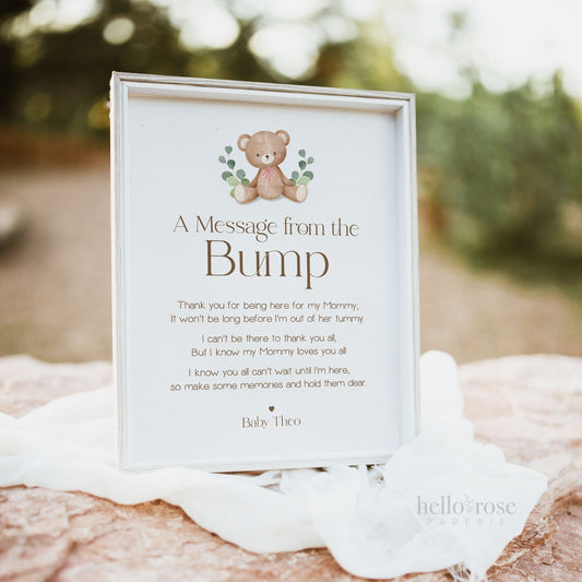 A Message From the Bump PRINTABLE Teddy Bear Pink . Baby Shower Bump Sign . Message From Baby Girl . Can Bearly Wait . DIGITAL DOWNLOAD 8x10