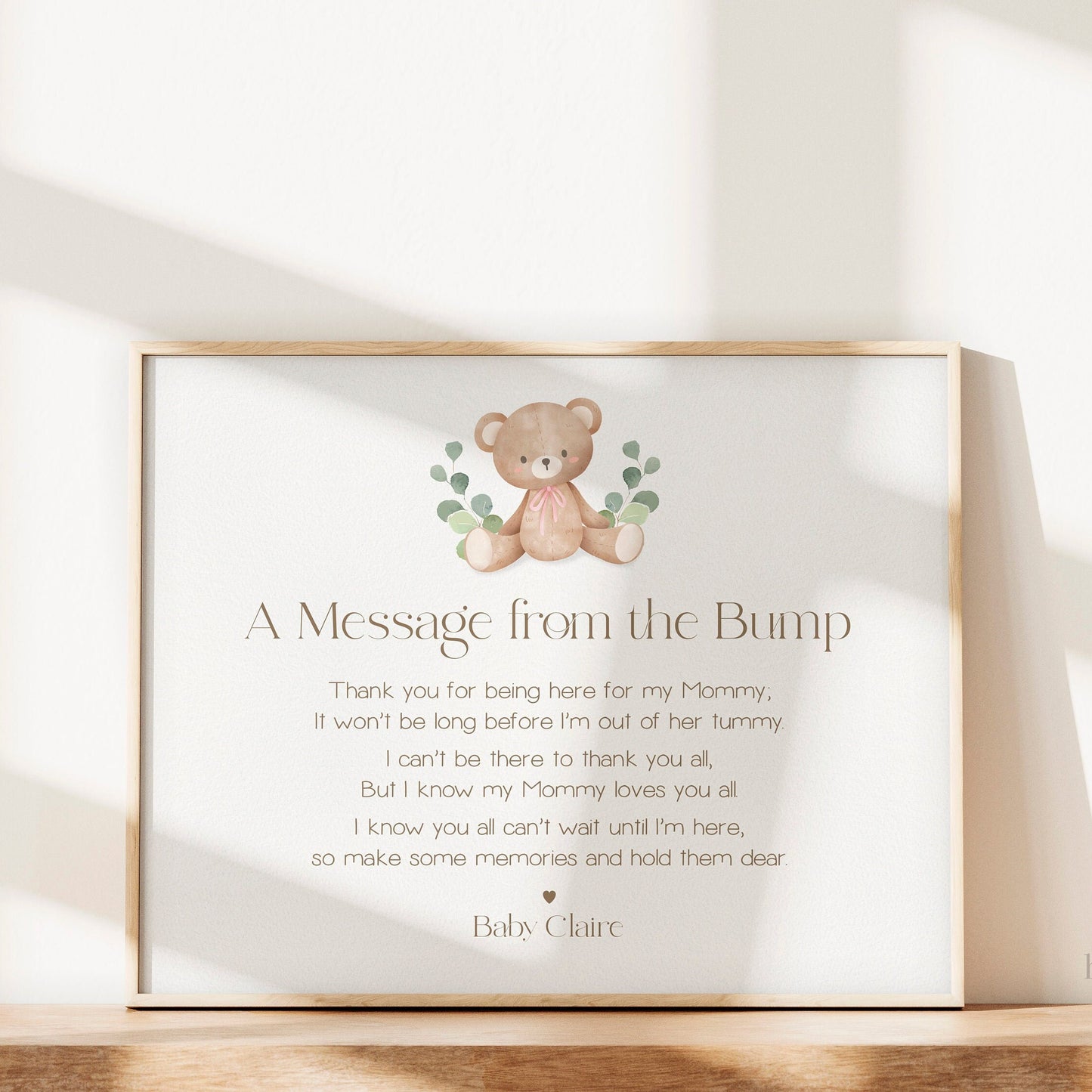 A Message From the Bump PRINTABLE Teddy Bear Pink . Baby Shower Bump Sign . Message From Baby Girl . Can Bearly Wait . DIGITAL DOWNLOAD 8x10