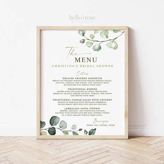 Bridal Shower Menu Personalized Printable . Greenery + Gold . Sprinkle, Bridal, Birthday, Engagement, Rehearsal Dinner . Digital Download