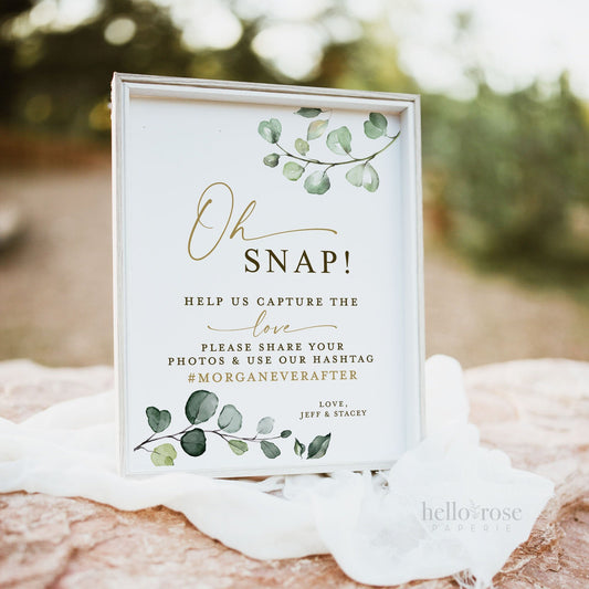 Oh Snap Personalized Capture the Love Hashtag Printable Sign . Wedding Bridal Shower . Greenery + Gold . Poster . Digital Download G2