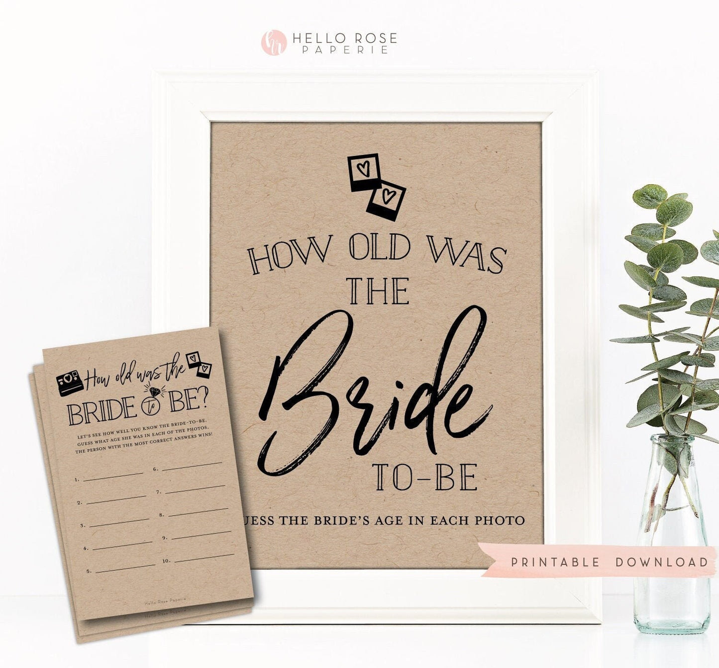 How Old was the Bride to Be Game Sign + Cards . Bridal Shower . Bachelorette Hens Party . Kraft + Black White . Instant Download Printable