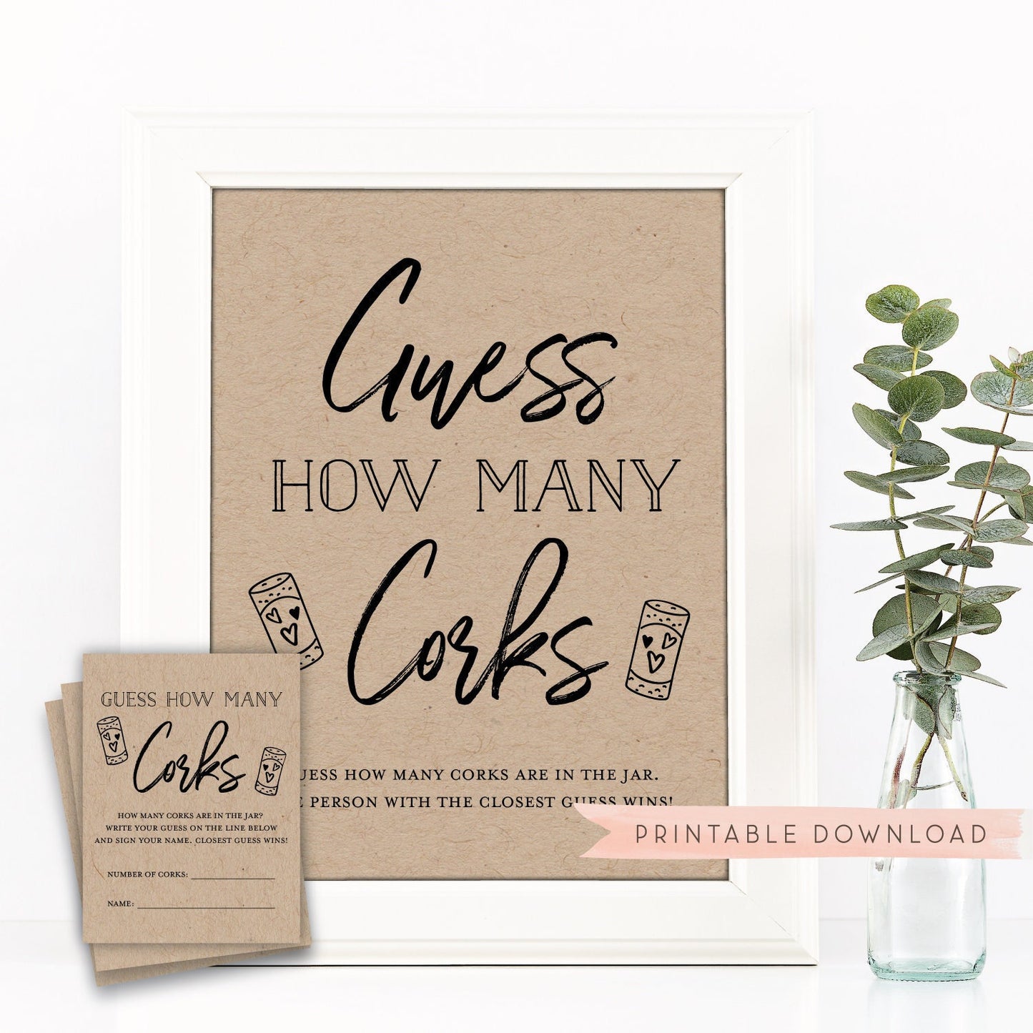 Guess How Many Corks are in the Jar Sign + Cards . Bridal Wedding Shower Game . Bachelorette Hens Party . Baby Shower . Printable Download