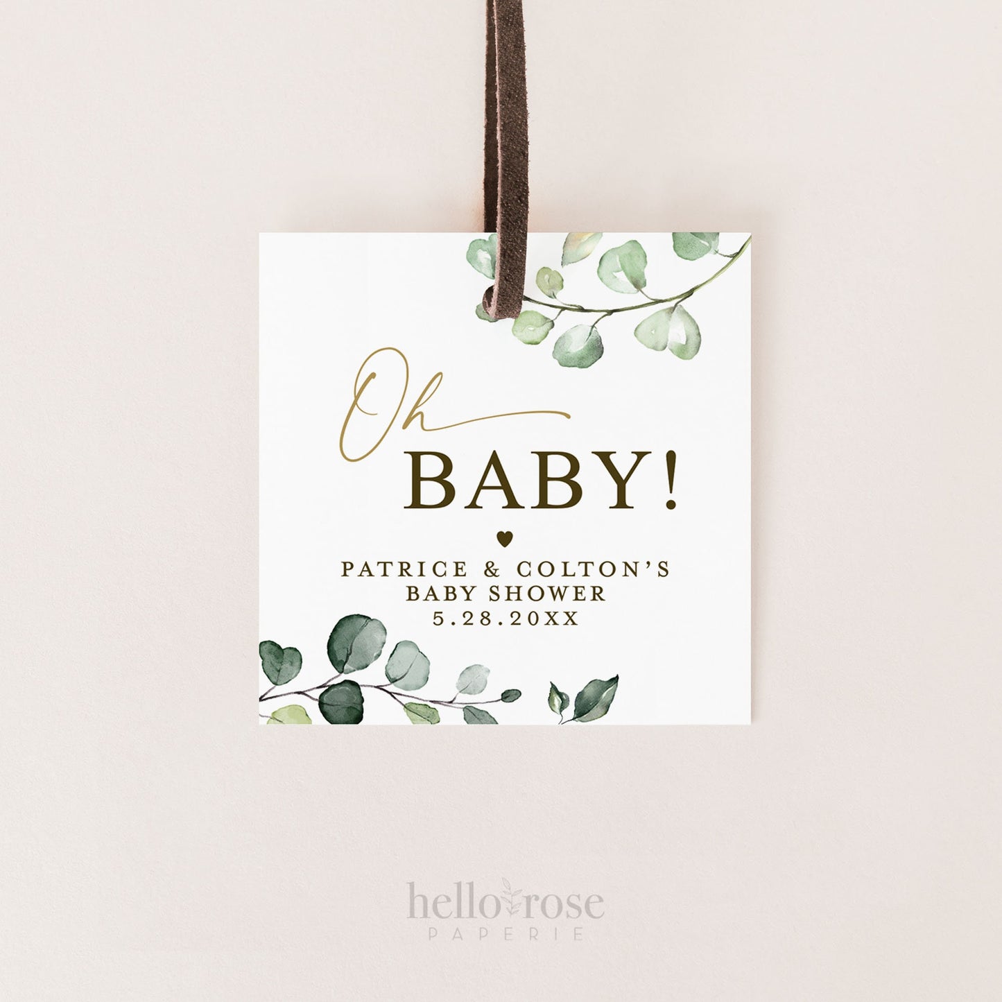 PRINTABLE Oh Baby Personalized Tags Stickers Labels Cupcake Toppers . Greenery and Gold . Baby Shower Favors . Digital Download PDF