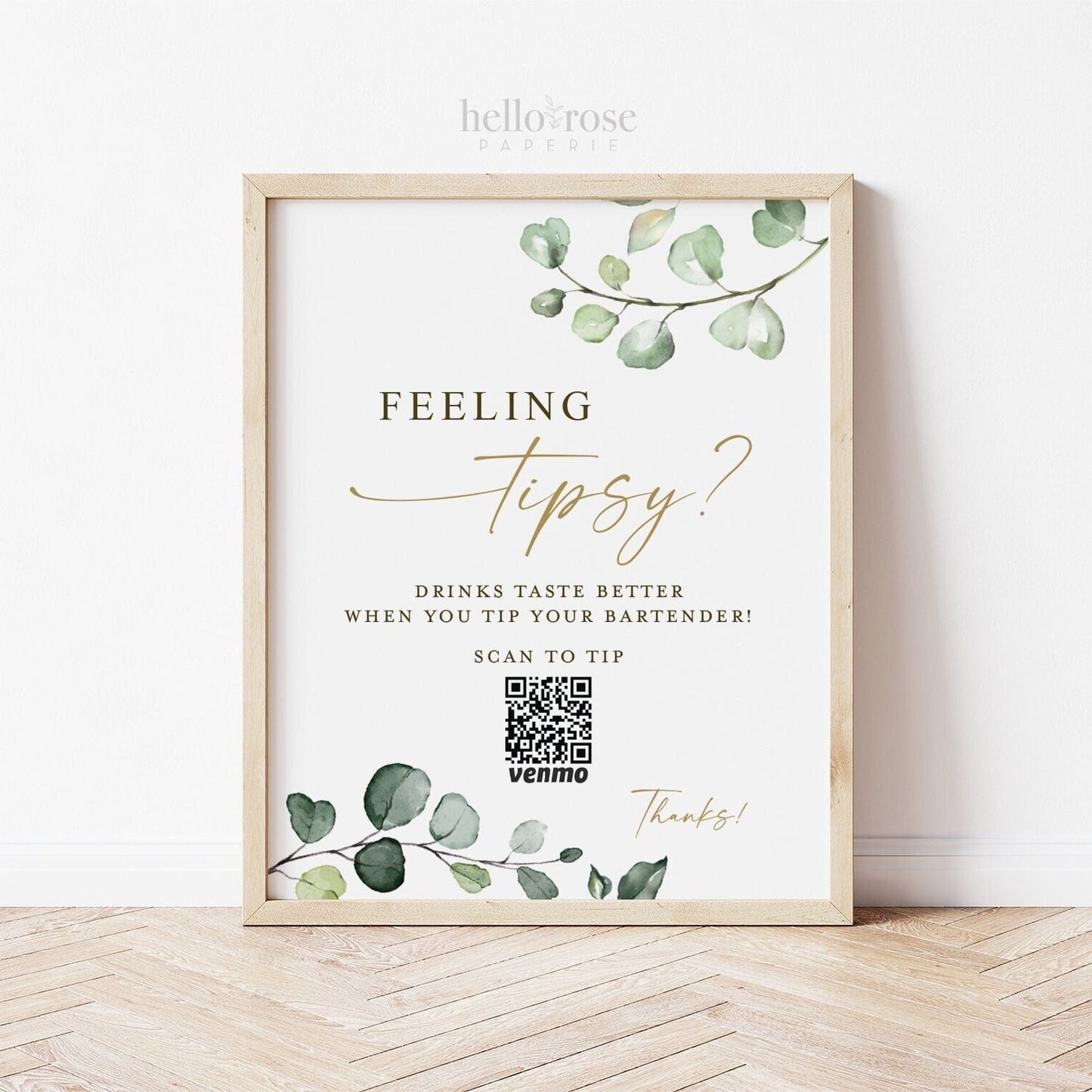 Feeling Tipsy Wedding Bar Sign with QR Code . Tip Your Bartender . Venmo Scan to Pay Sign . Greenery and Gold . Printable Download . G2
