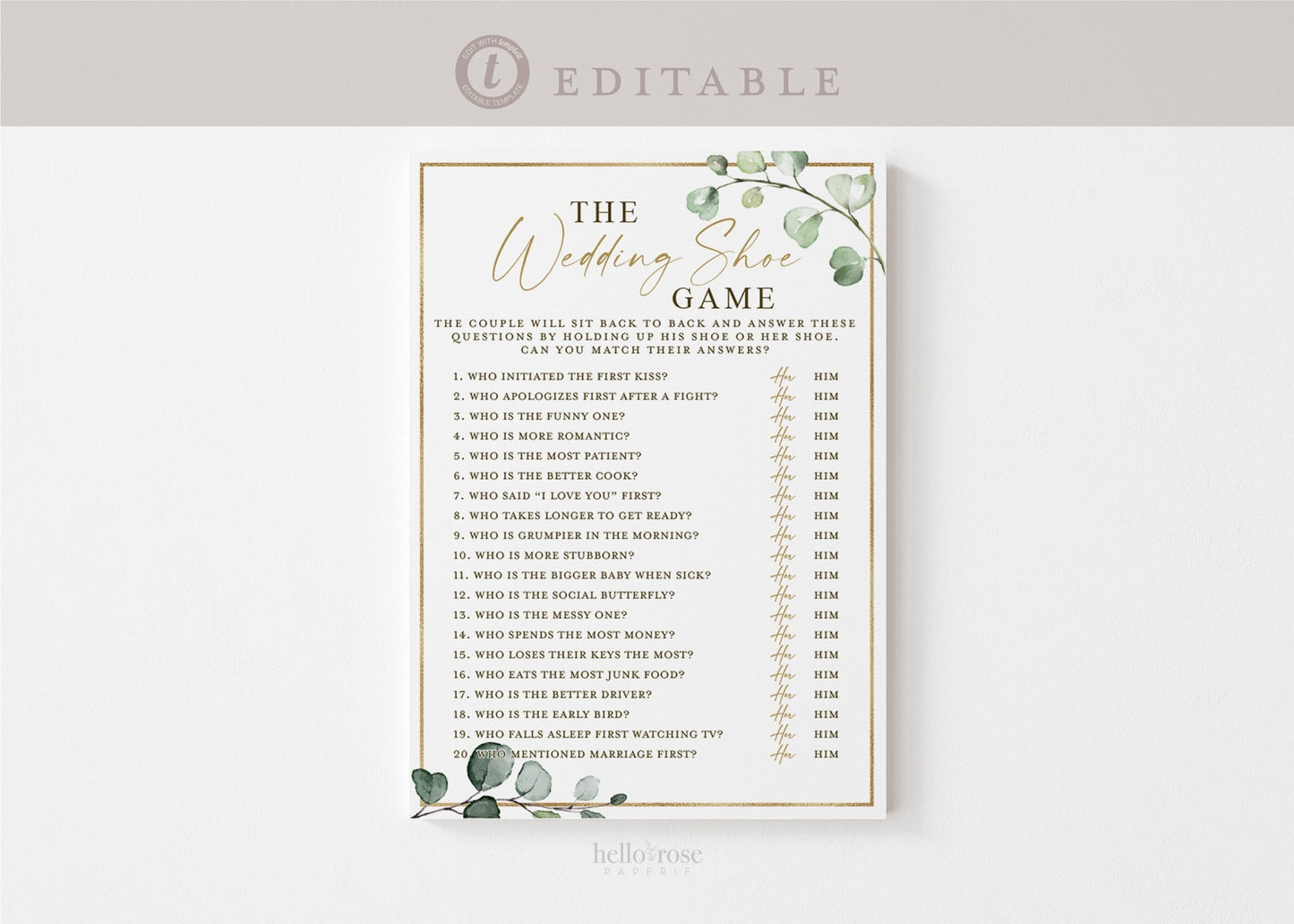 The Wedding Shoe Game Bridal Shower Reception Rehearsal Game . Greenery + Gold . PRINTABLE Editable Template Instant Download Templett G2-T