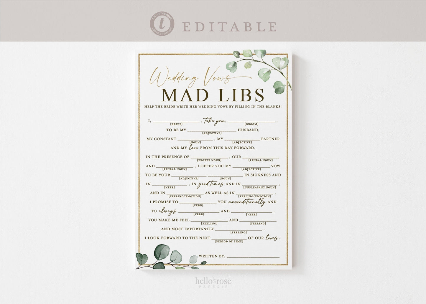 Wedding Vows Mad Libs Game . Personalized Reception Games . Greenery + Gold . PRINTABLE Editable Template Instant Download Templett G2-T