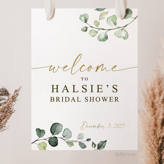 Bridal Shower Welcome Sign Template . Greenery + Gold Eucalyptus . PRINTABLE Editable Welcome Poster . Instant Download Templett PENNY