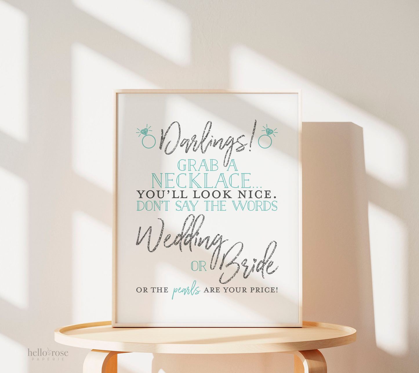 Don't Say Wedding or Bride Pearl Necklace Game Sign . Bridal Shower Bachelorette Hens Party . Kraft + White . 8x10 Printable Download