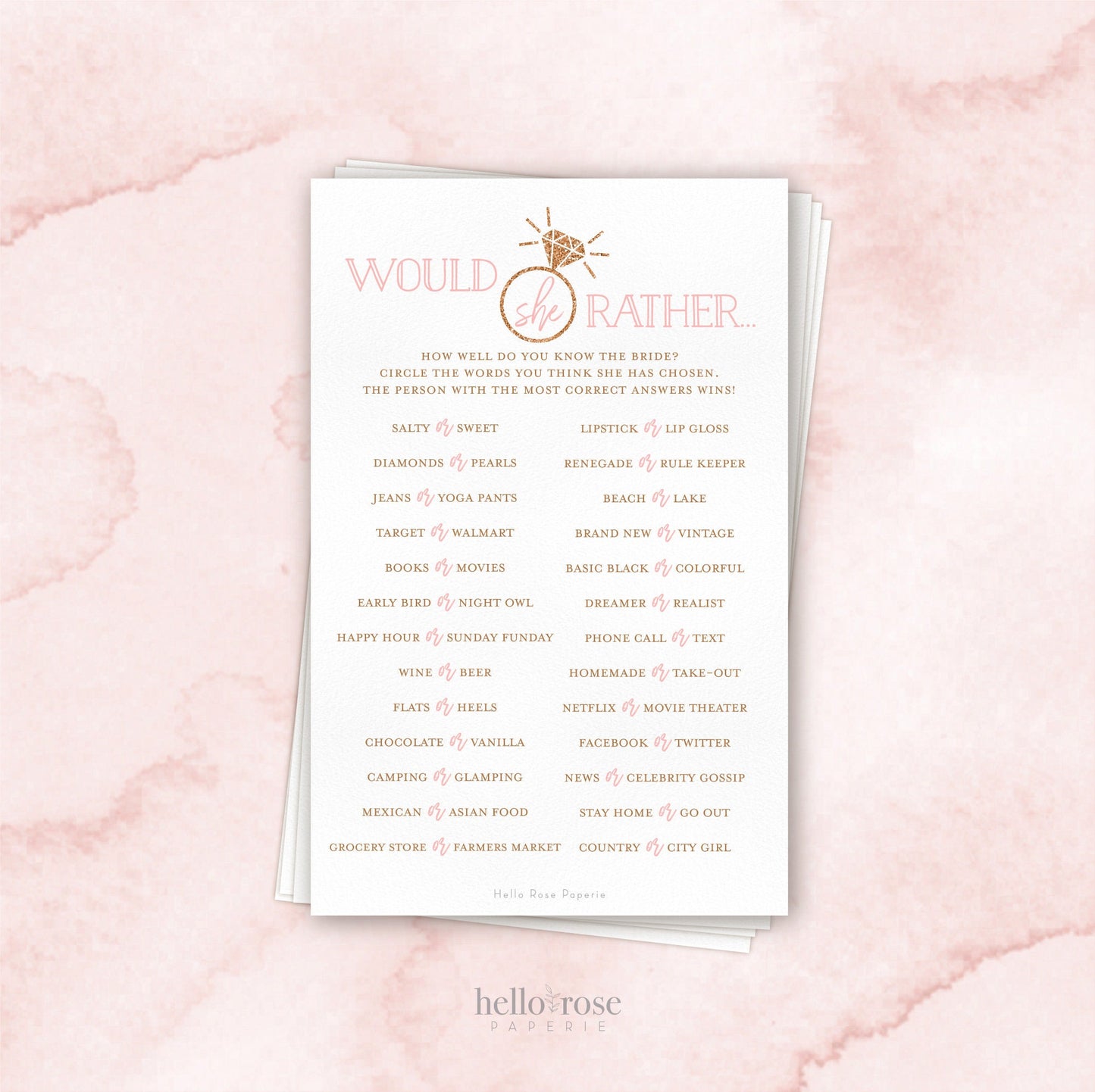 Would She Rather Bridal Shower Game . Who Knows the Bride Best . Printable Game . Black White Rustic Modern . Instant Digital Download