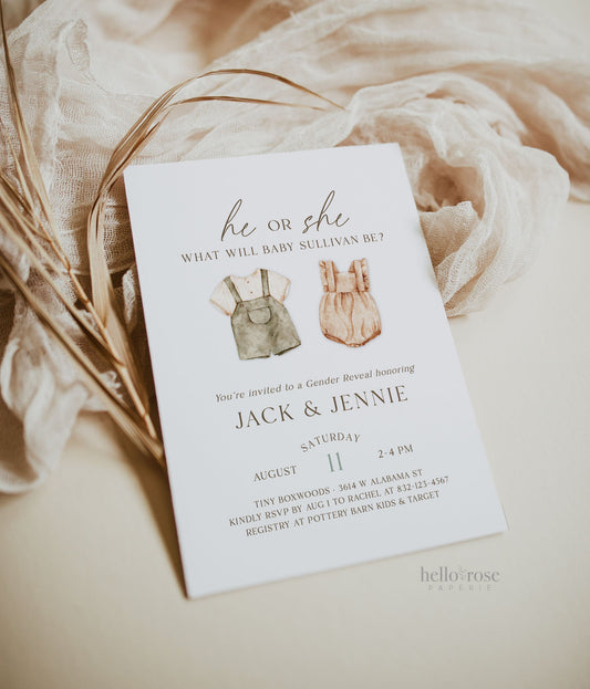 Gender Reveal Invitation, He or She What Will Baby Be, Minimalist Boho Gender Reveal, Gender Neutral Baby Shower, Template Download GR2-T