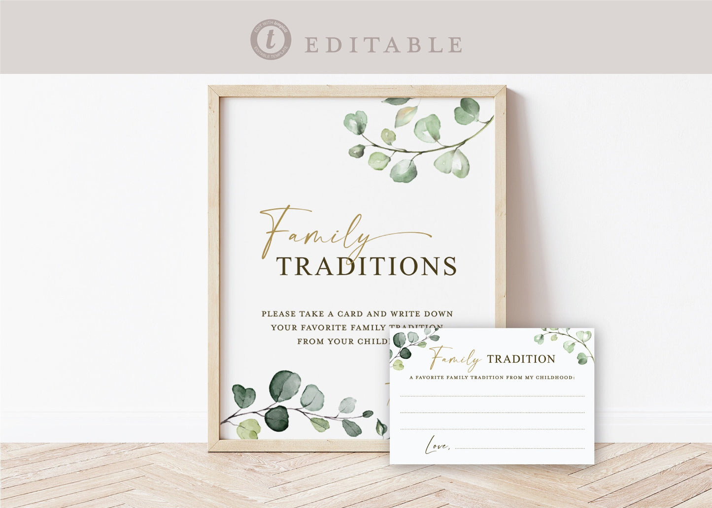 Family Traditions Cards and Sign . Baby Bridal Shower . Greenery + Gold . PRINTABLE Editable Template Instant Download Templett G2-T