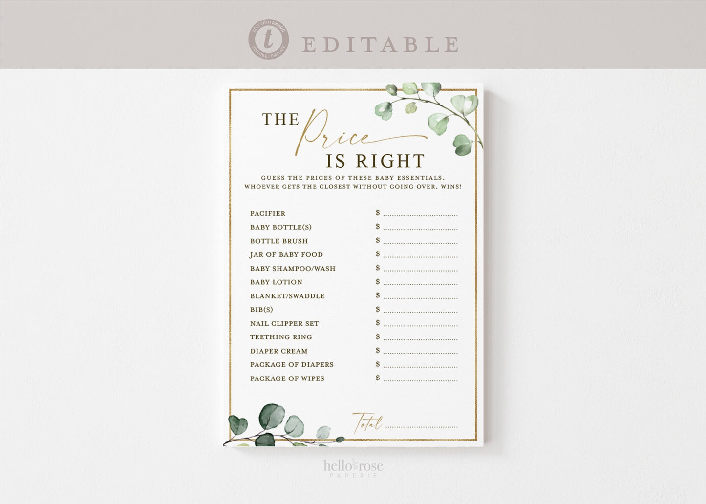 Price is Right Baby Shower Editable Printable Game . Gender Neutral Greenery and Gold . PRINTABLE Template . Instant Download Templett G2-T